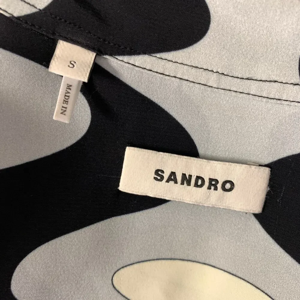 SANDRO Size M Black Light Blue Geometric Viscose Long Sleeve Shirt